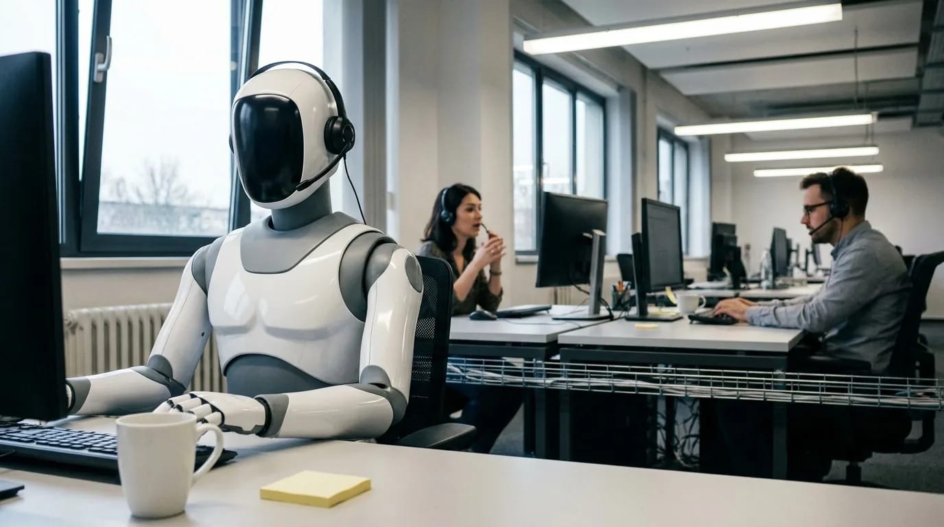 Nowoczesny robot w słuchawkach siedzi przy biurku w biurze obsługi klienta, obok pracuje dwoje konsultantów